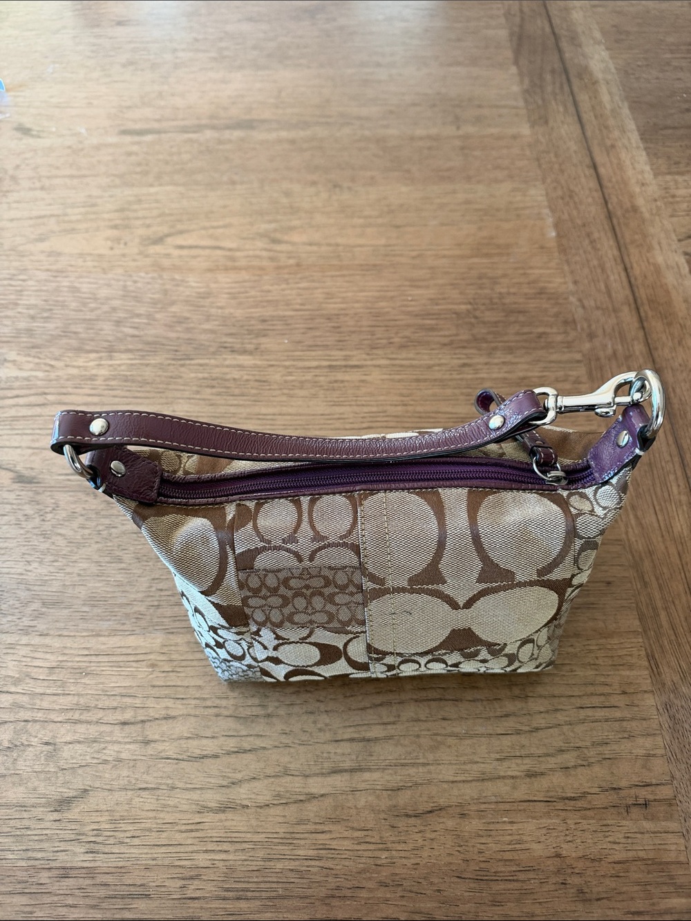 Coach Y2K Signature Jacquard Wristlet in Beige and Brown with Purple Trim